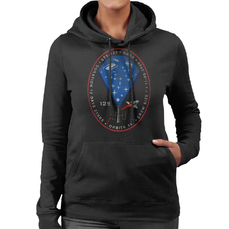 NASA STS 125 Atlantis Mission Badge Distressed Women's Hooded Sweatshirt Hoodie with Elastic Cuffs Stretchable Comfortable NASA STS 125 Atlantis Mission Badge Distressed Women's Hooded Sweatshirt Hoodie with Elastic Cuffs Stretchable Comfortable