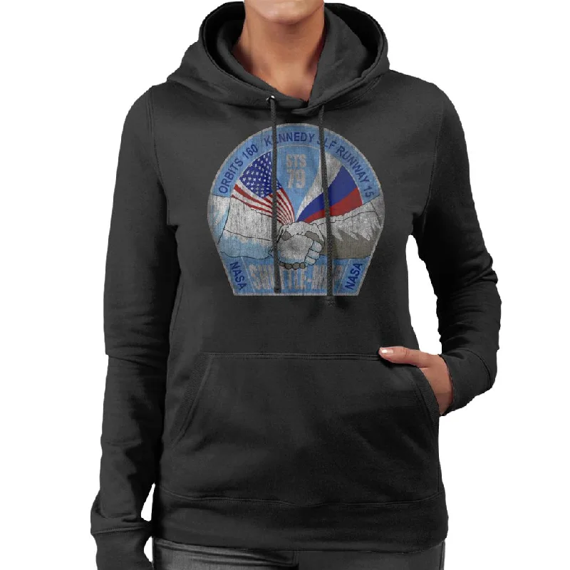 NASA STS 79 Atlantis Mission Badge Distressed Women's Hooded Sweatshirt Hoodie with Reflective Safety Nightwear NASA STS 79 Atlantis Mission Badge Distressed Women's Hooded Sweatshirt Hoodie with Reflective Safety Nightwear