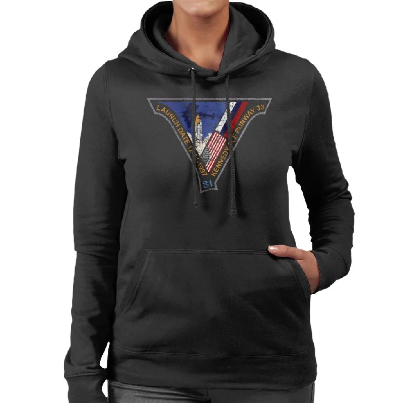 NASA STS 81 Atlantis Mission Badge Distressed Women's Hooded Sweatshirt Hoodie with Typography Text Message NASA STS 81 Atlantis Mission Badge Distressed Women's Hooded Sweatshirt Hoodie with Typography Text Message