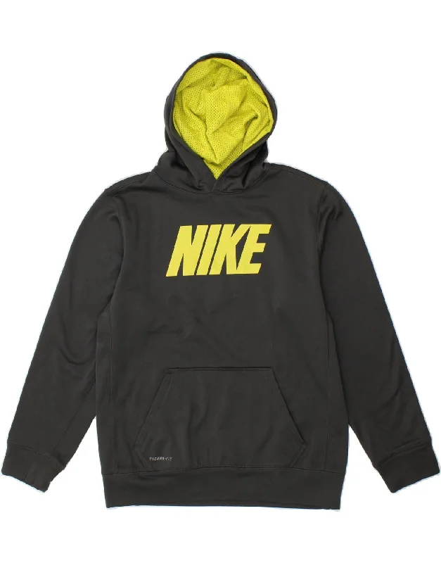 NIKE Womens Therma-Fit Graphic Hoodie Jumper UK 18 XL Grey Polyester Hoodie with Button Placket Classic Preppy NIKE Womens Therma-Fit Graphic Hoodie Jumper UK 18 XL Grey Polyester Hoodie with Button Placket Classic Preppy