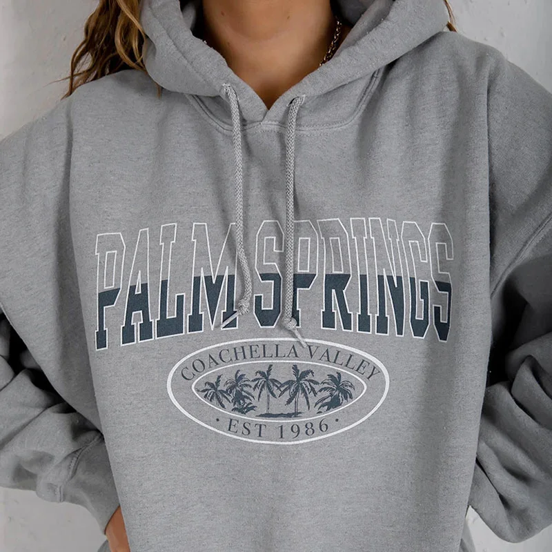 Women Letter Print Vintage Gray Warm Hoodies Hoodie with Contrast Stitching Detailed Premium