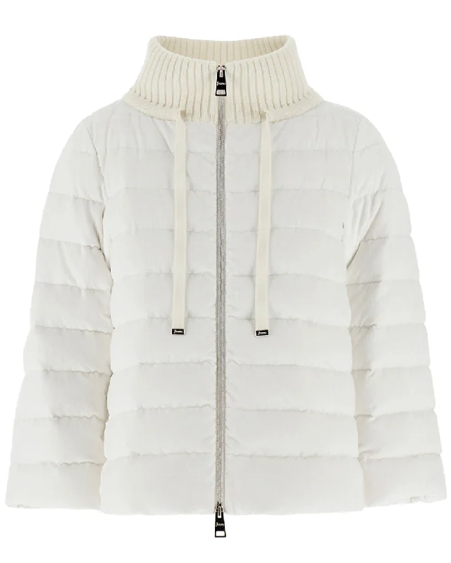 Ivory Quilted Velvet Bomber Jacket