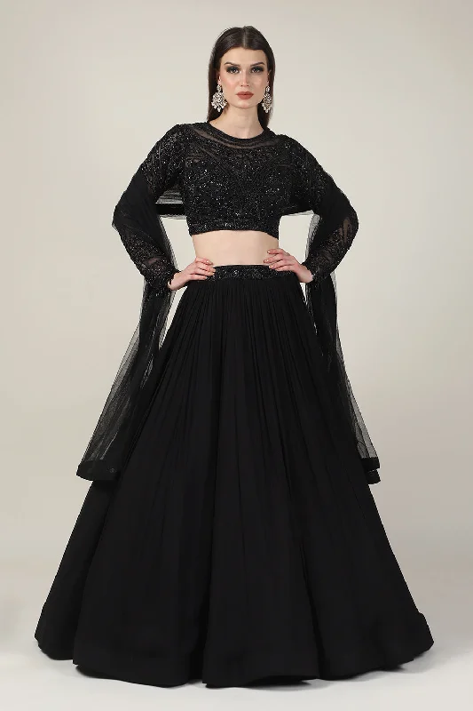 BLACK EMB FULL SLEEVE TOP WITH RUSSING SKIRT