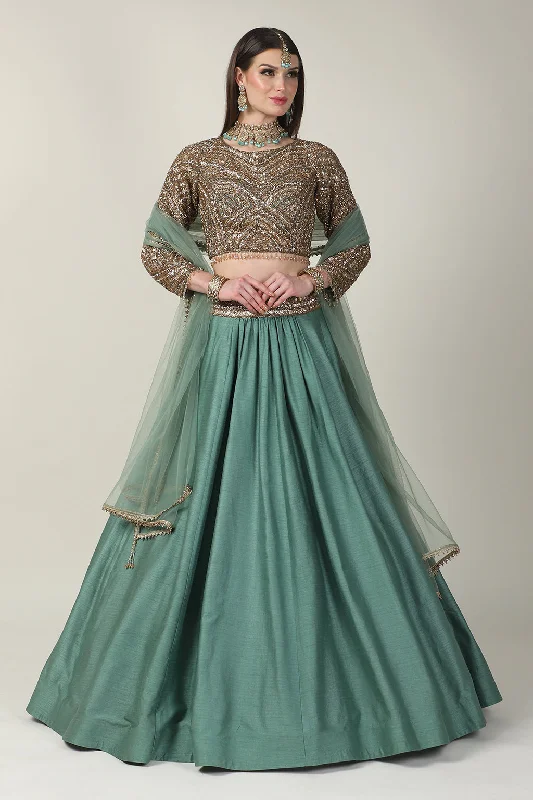 GOLDEN EMB FULL SLEEVE TOP WITH SAGE GREEN SKIRT