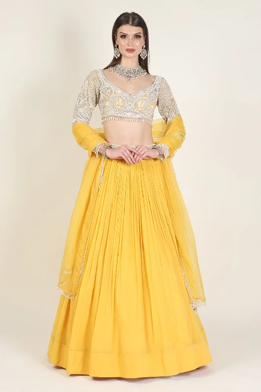 IVORY EMB FULL SLEEVE TOP  WITH YELLOW RUSSING SKIRT