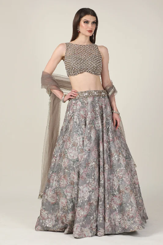 PEARL TOP WITH  GREY PRINTED ZARI SKIRT