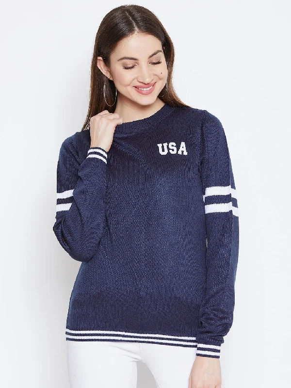 JUMP USA Women Navy Blue Solid Sweaters Graphic Sweater Embroidered Appliqued