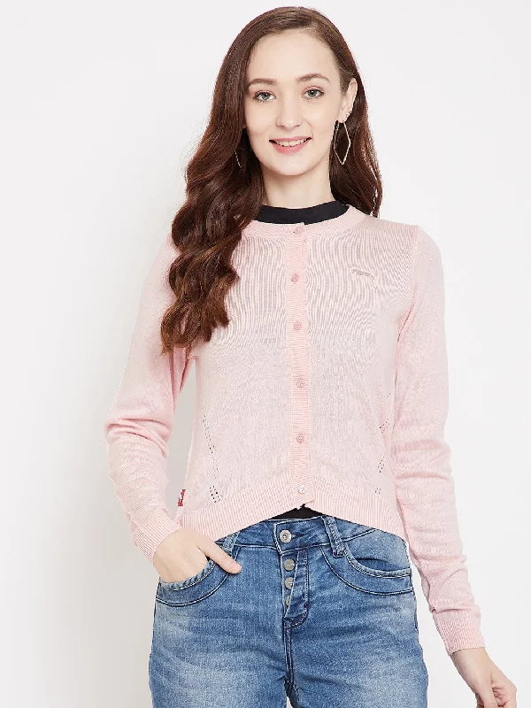JUMP USA Women Pink Henley Neck Sweaters Real Fur Shearling Chenille
