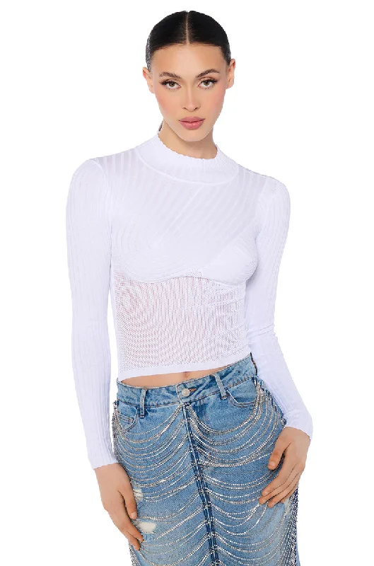 PRIME TIME LONG SLEEVE MOCK NECK SWEATER IN WHITE Front Pockets Side Pockets Patch Pockets PRIME TIME LONG SLEEVE MOCK NECK SWEATER IN WHITE Front Pockets Side Pockets Patch Pockets