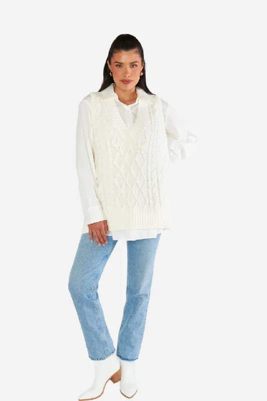 Show Me Your Mumu Reid Sweater Vest in Cream Cable Knit Wool Fabric Cashmere Fabric Tweed Fabric Show Me Your Mumu Reid Sweater Vest in Cream Cable Knit Wool Fabric Cashmere Fabric Tweed Fabric