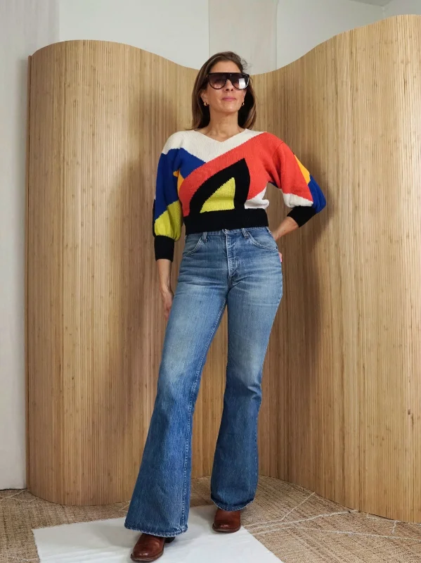 Vintage 80's Colorblock Crop Sweater Knit Fabric Woven Fabric Fleece Fabric