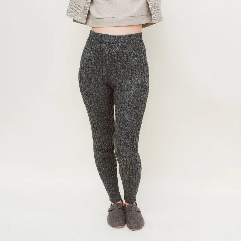 Women's High Waisted Knitted Rib Leggings - 100% Baby Alpaca - Salt & Pepper (S-XL) Stylish Ankle-Length Leggings Women's High Waisted Knitted Rib Leggings - 100% Baby Alpaca - Salt & Pepper (S-XL) Stylish Ankle-Length Leggings