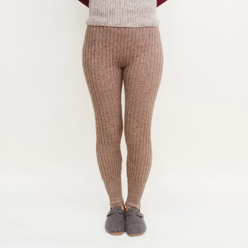 Women's High Waisted Knitted Rib Leggings - 100% Baby Alpaca - Mocha (S-XL) Stylish Sweat-Proof Leggings