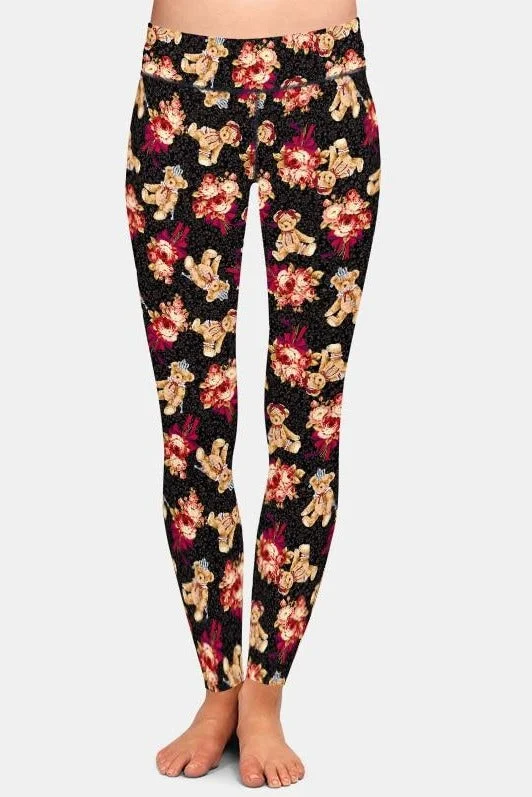 Ladies Cute 3D Bears & Roses Printed Leggings