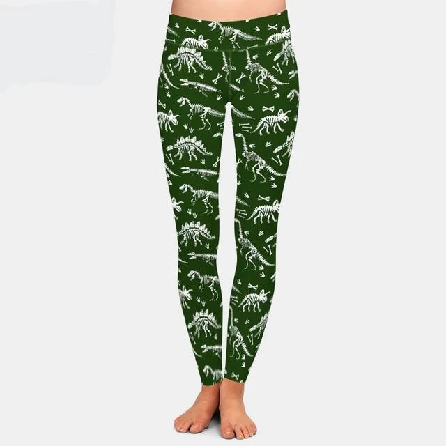 Ladies Green & White Dinosaur Skeletons Printed Leggings