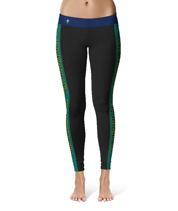 UNC Wilmington Seahawks UNCW Game Day Teal Stripes Black Yoga Leggings for Women by Vive La Fete