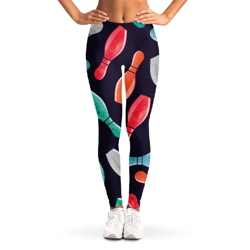 Watercolor Bowling Pins Pattern Print Women's Leggings