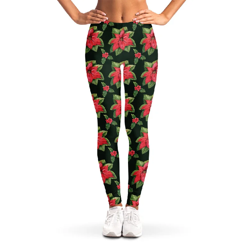 Watercolor Christmas Poinsettia Print Women's Leggings