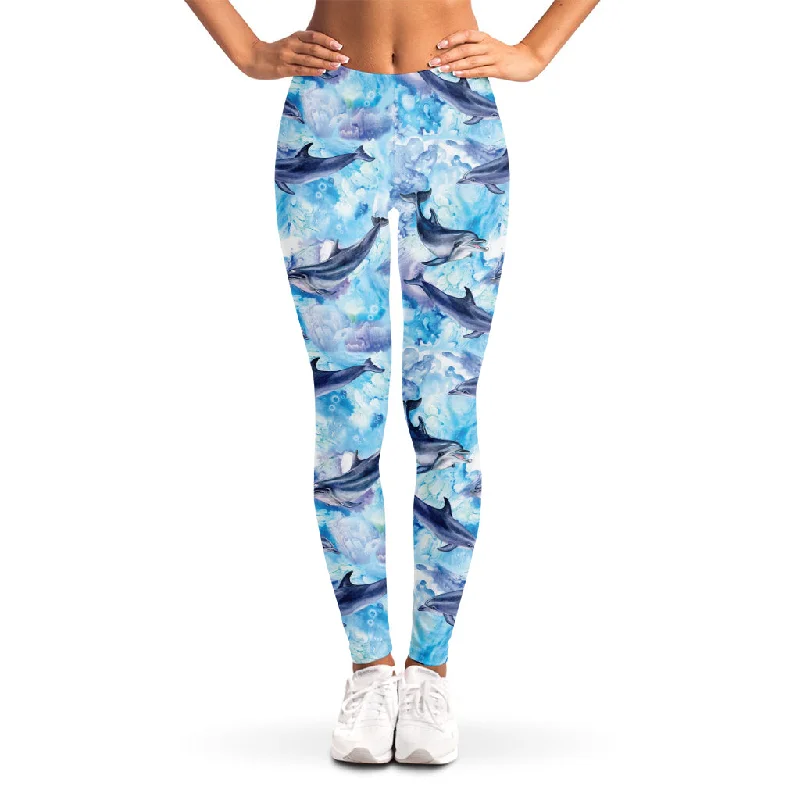 Watercolor Dolphin In The Sea Print Women's Leggings