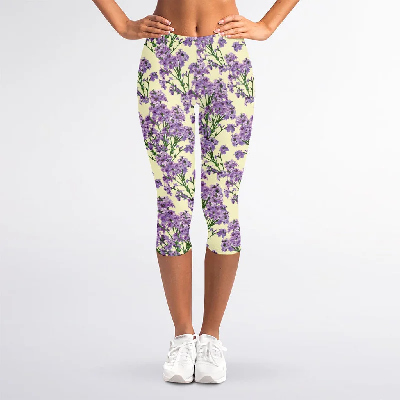 Watercolor Lavender Pattern Print Women's Capri Leggings