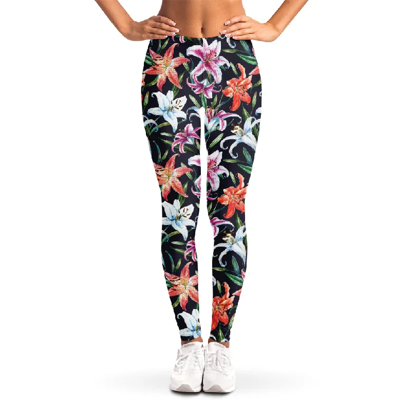 Watercolor Lily Flowers Pattern Print Women's Leggings