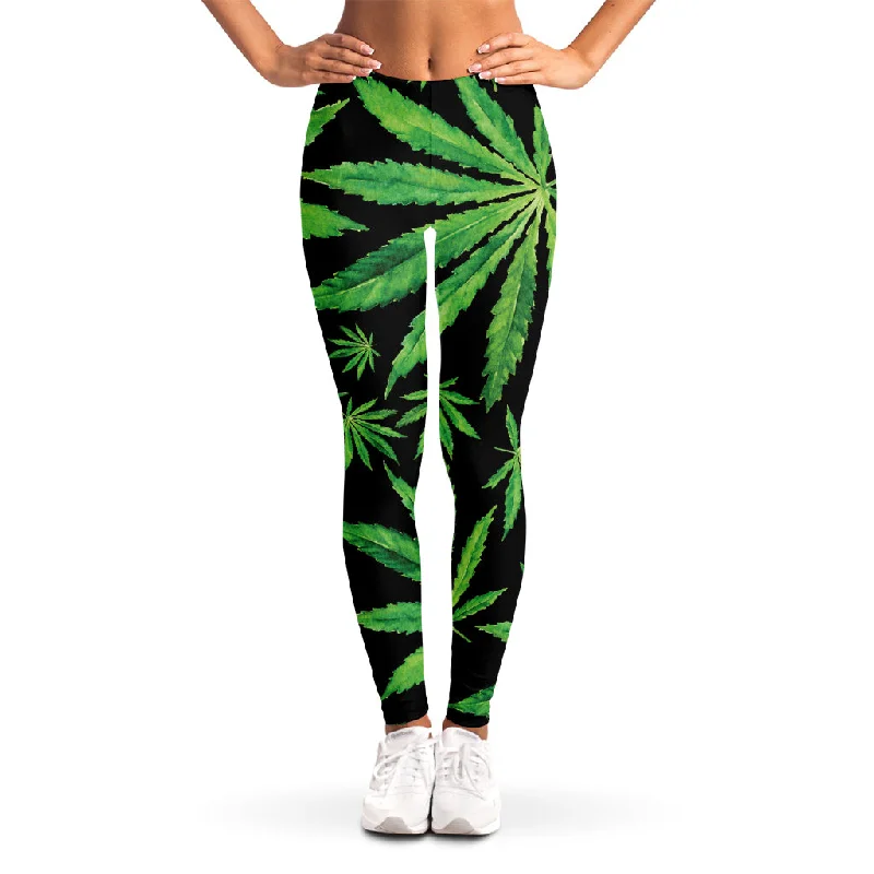 Watercolor Marijuana Leaf Pattern Print Women's Leggings