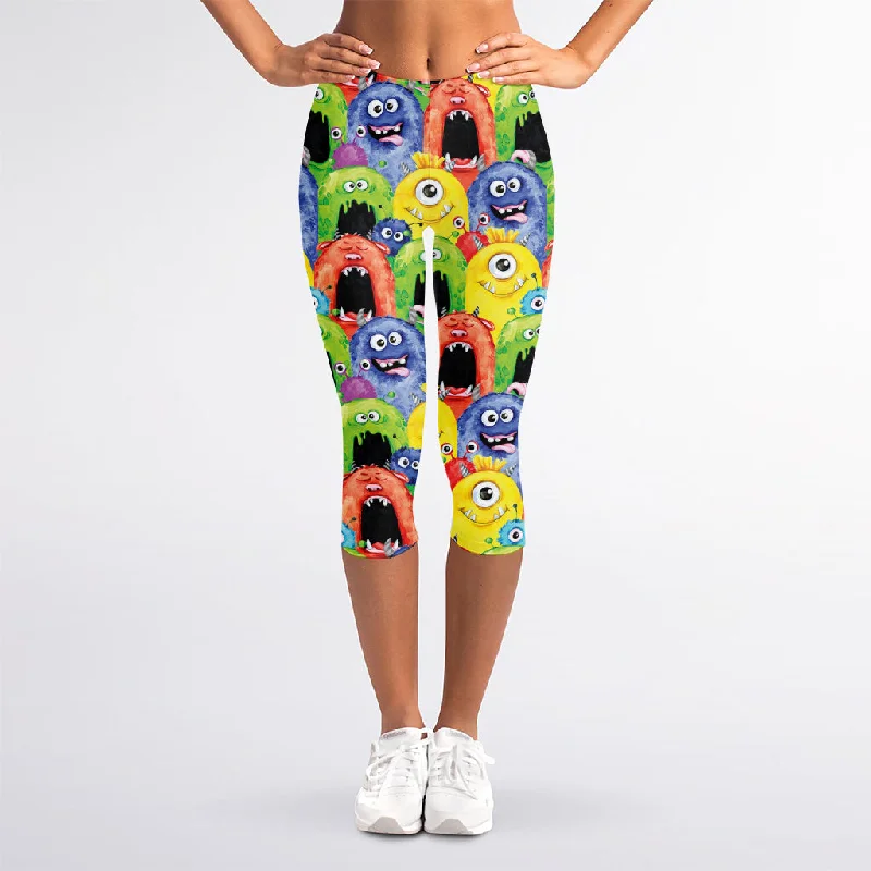 Watercolor Monster Pattern Print Women's Capri Leggings