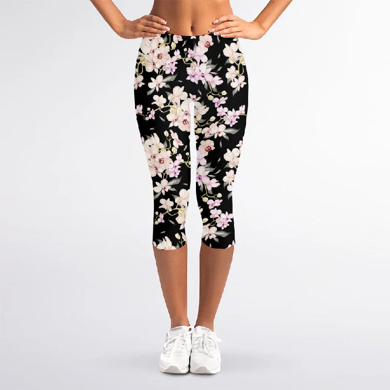 Watercolor Orchid Flower Pattern Print Women's Capri Leggings