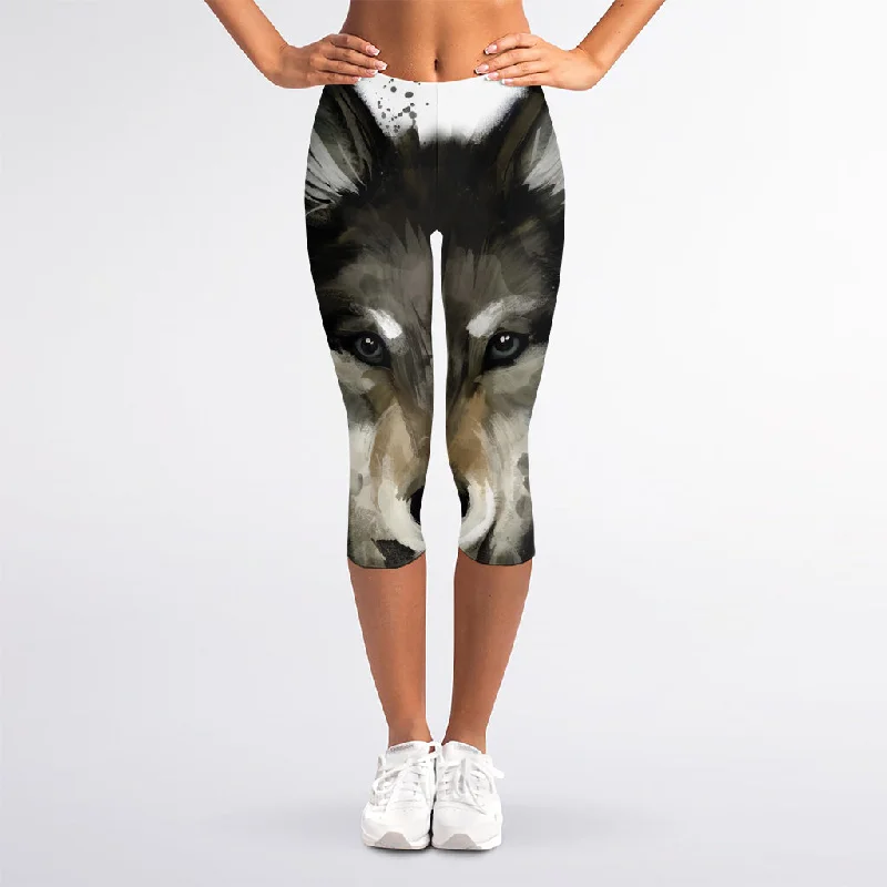 Watercolor Painting Wolf Print Women's Capri Leggings