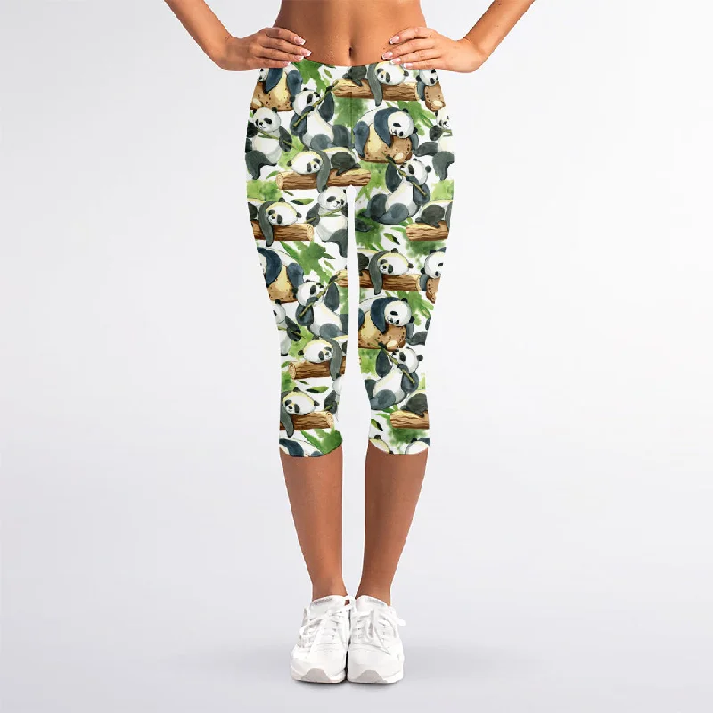 Watercolor Panda Bear Pattern Print Women's Capri Leggings