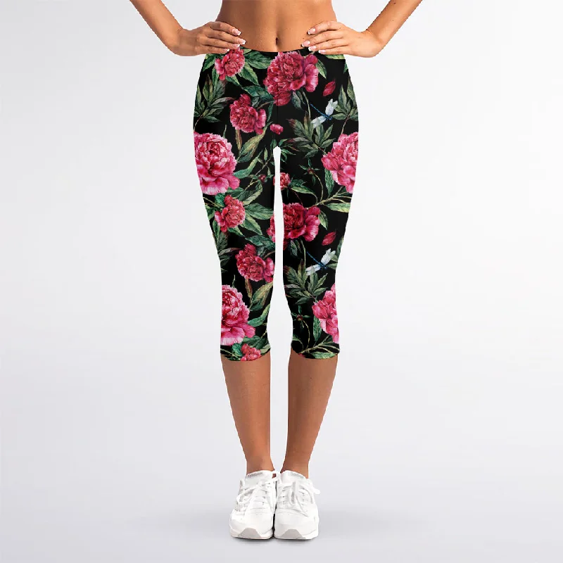 Watercolor Peony Pattern Print Women's Capri Leggings