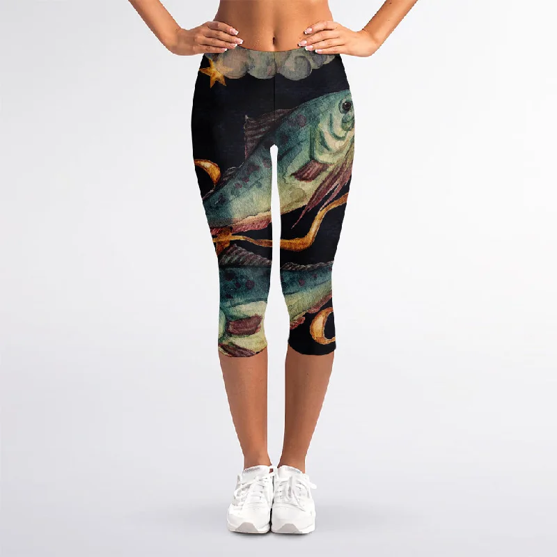 Watercolor Pisces Zodiac Sign Print Women's Capri Leggings