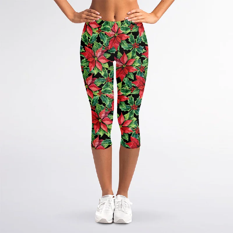 Watercolor Poinsettia Pattern Print Women's Capri Leggings