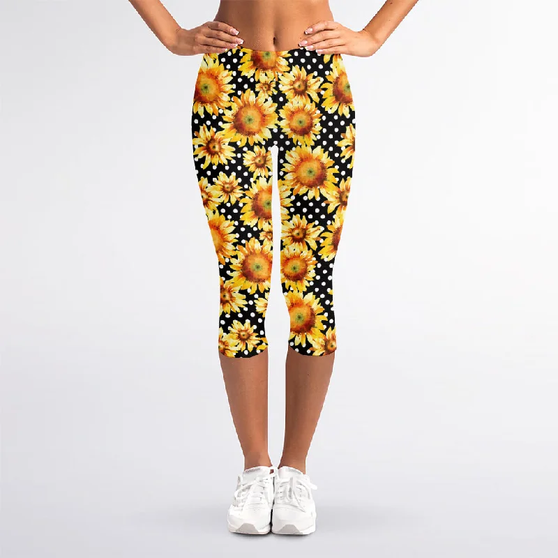 Watercolor Polka Dot Sunflower Print Women's Capri Leggings