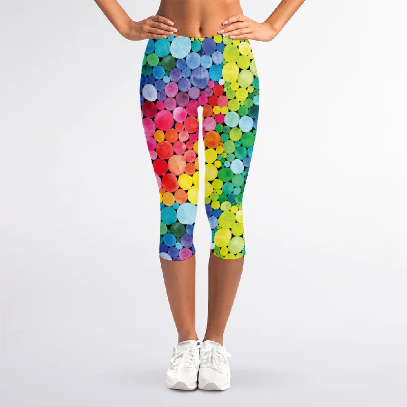 Watercolor Rainbow Pattern Print Women's Capri Leggings