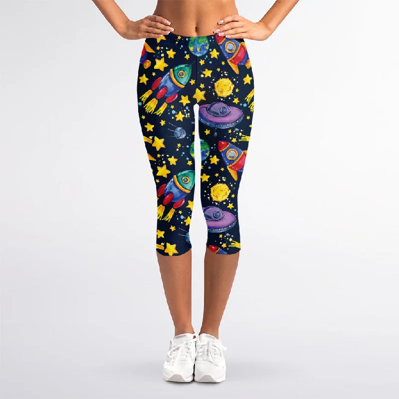 Watercolor Rocket Pattern Print Women's Capri Leggings