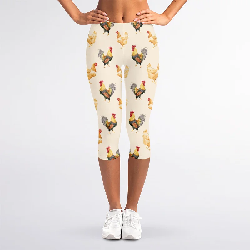 Watercolor Rooster Pattern Print Women's Capri Leggings