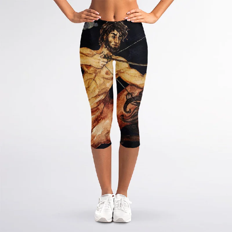 Watercolor Sagittarius Zodiac Sign Print Women's Capri Leggings