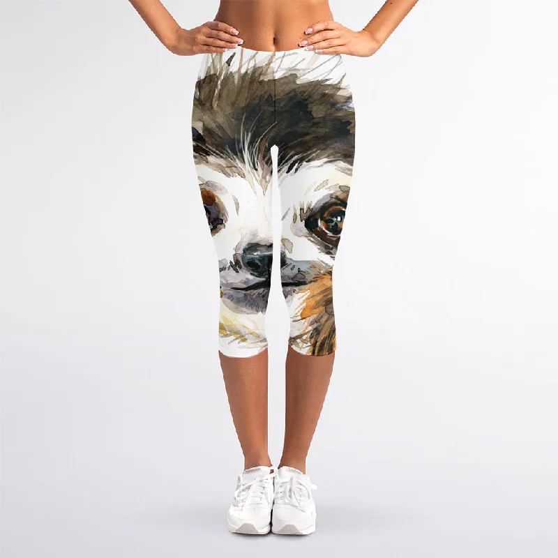 Watercolor Sloth Print Women's Capri Leggings