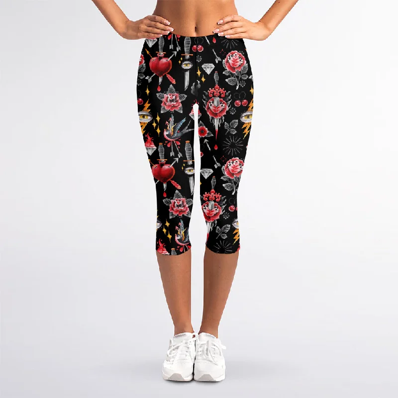 Watercolor Tattoo Print Women's Capri Leggings