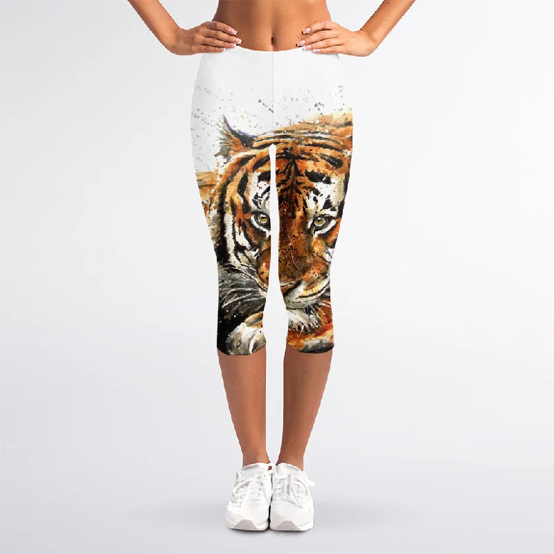 Watercolor Tiger Print Women's Capri Leggings