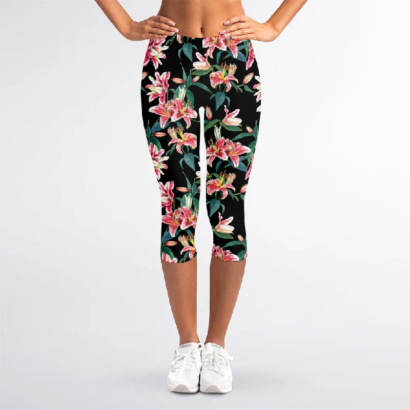 Watercolor Tropical Lily Pattern Print Women's Capri Leggings