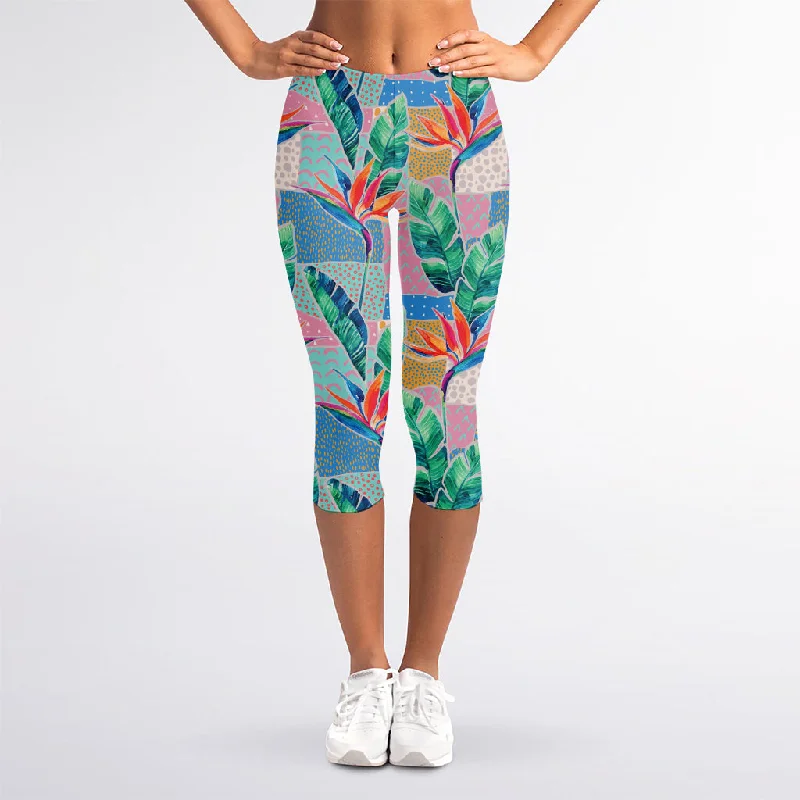 Watercolor Tropical Patchwork Print Women's Capri Leggings