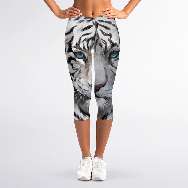 Watercolor White Bengal Tiger Print Women's Capri Leggings