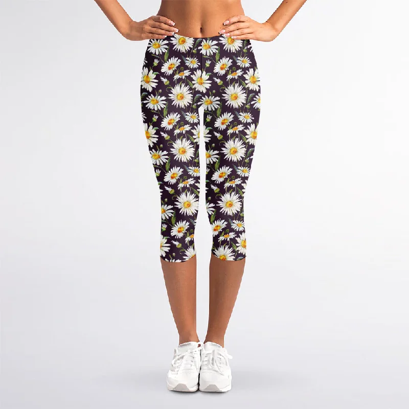 Watercolor White Daisy Pattern Print Women's Capri Leggings