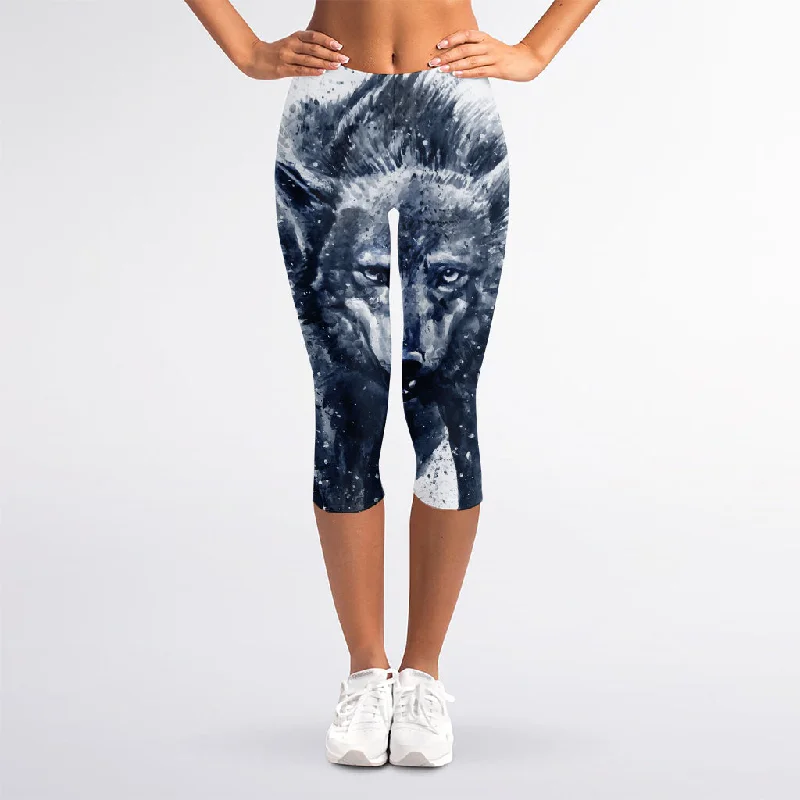 Watercolor Wolf Portrait Print Women's Capri Leggings