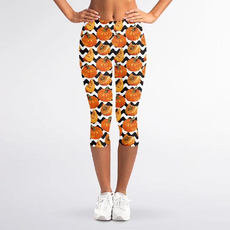 Wave Pumpkin Pattern Print Women's Capri Leggings