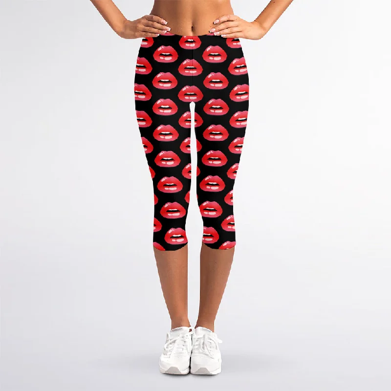 Wet Lips Pattern Print Women's Capri Leggings