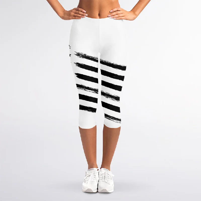 White And Black American Flag Print Women's Capri Leggings