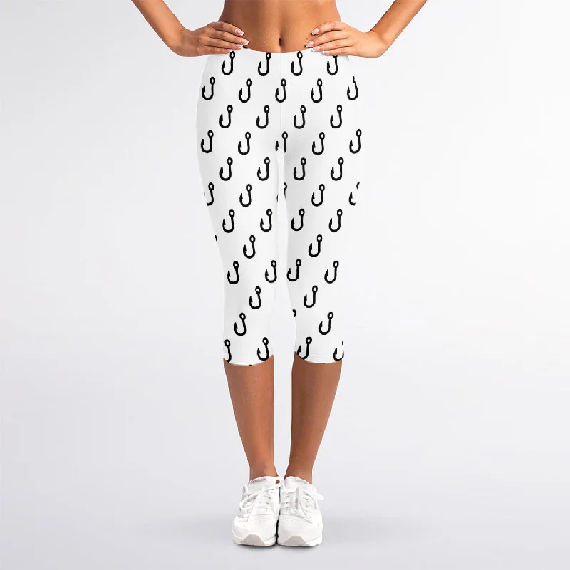 White And Black Fishing Hooks Print Women's Capri Leggings